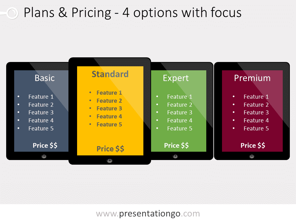 Plantilla PowerPoint gratis de Cuatro planes de precios con Opción Recomendada