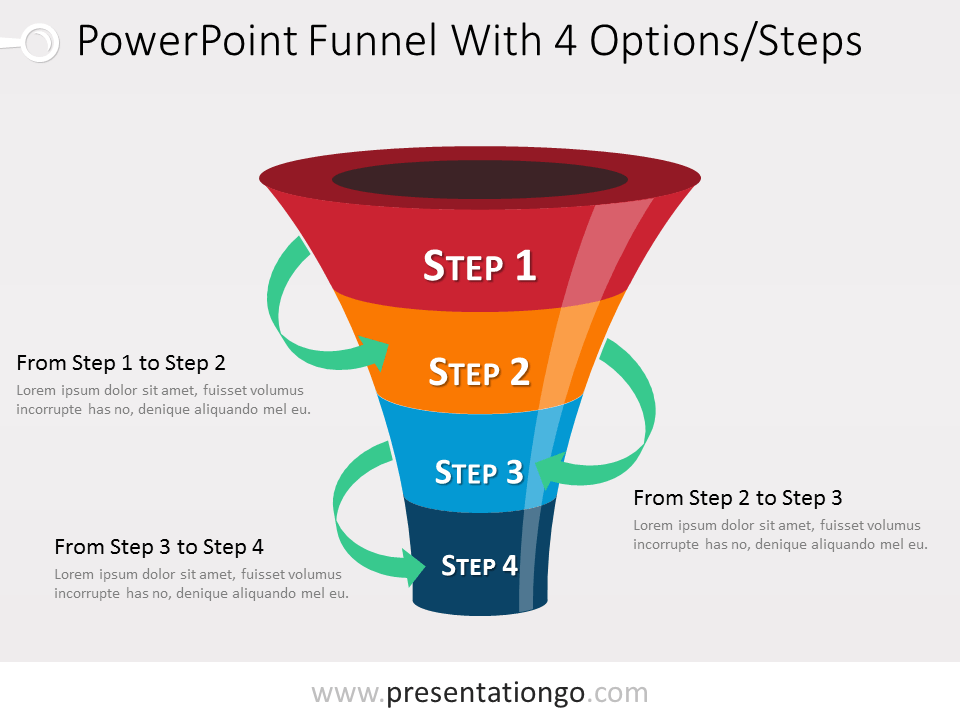Embudo gratis para PowerPoint De 4 Niveles Con Flechas Verdes