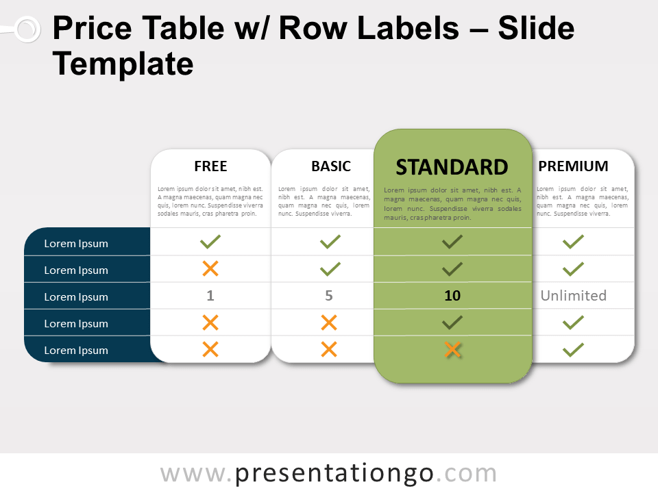 Tabla de Precios con Etiquetas de Fila Gráfico Gratis Para PowerPoint Y Google Slides