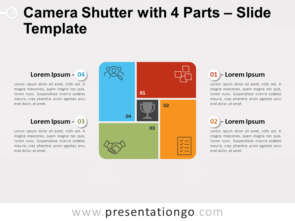 Obturador de Cámara Con 4 Partes Gráfico Gratis Para PowerPoint Y Google Slides