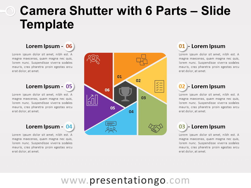 Cámara Obturadora Con 6 Partes Gráfico Gratis Para PowerPoint Y Google Slides