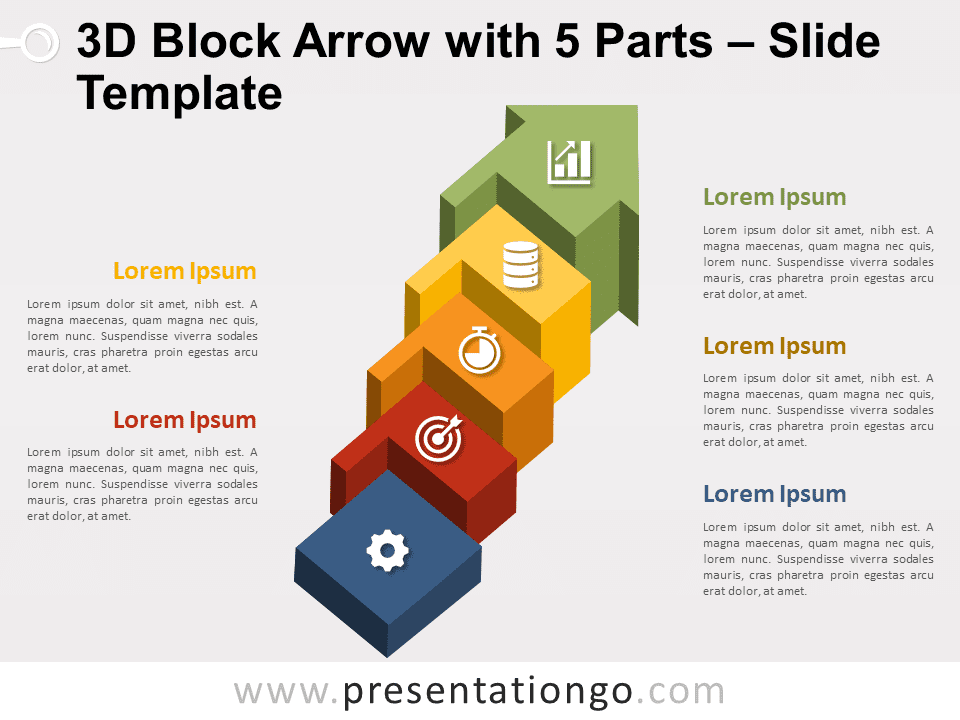 Bloque de Flecha 3D Con 5 Partes Gráfico Gratis Para PowerPoint Y Google Slides