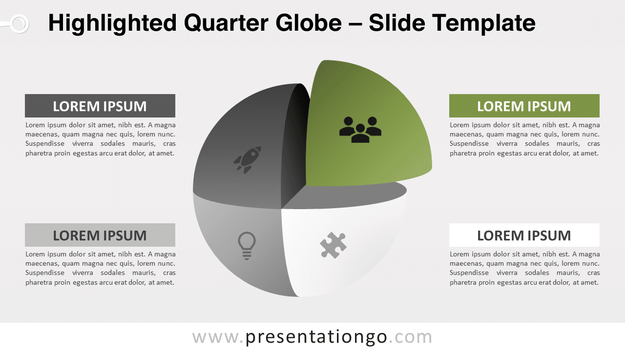 Slide design with quarter globe and text blocks for PowerPoint